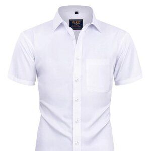 Mens Short Sleeve Dress Wrinkle Free Solid Casual Button-Down Shirt. WHITE LARGE
